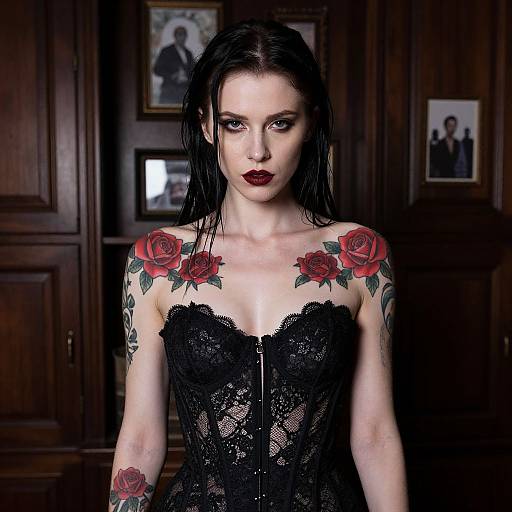 Photograph of a pale-skinned woman with black wet hair, red rose tattoos on shoulders, wearing a black lace corset, standing in a dark