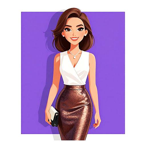 Digital illustration of a smiling woman with brown hair, wearing a white sleeveless top and shiny brown skirt, holding a black clutch, against a purple background