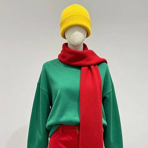 Photograph of a headless mannequin wearing a bright yellow knit hat, green sweater, and red scarf against a plain white background.