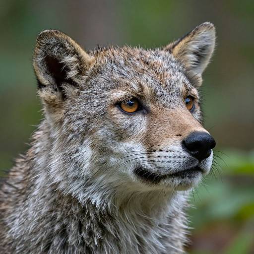 Photograph of a close-up, alert coyote with brown and gray fur, piercing amber eyes, and a black nose, set against a blurred green