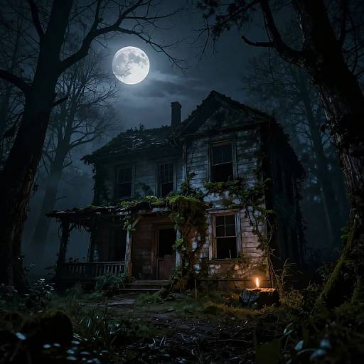 Photograph of a spooky, abandoned, wooden house at night, illuminated by a bright full moon, surrounded by dark, misty trees with a small