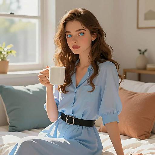 Serene Woman in Sunlit Bedroom