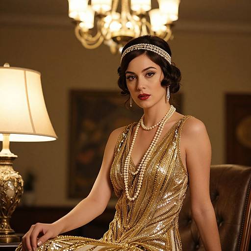 Photograph of a glamorous woman in a sparkling gold sequin dress, pearl necklace, and headband, seated in an elegant, warmly lit room with