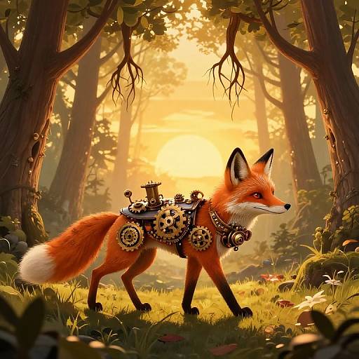Digital illustration of a red fox with steampunk gear, including gears and a clock, walking through a sunlit, enchanted forest.