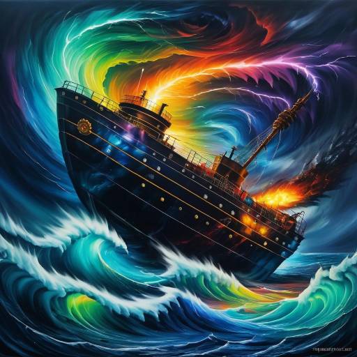Stormy Ship Amid Vivid Swirling Sky