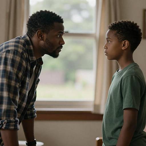 Father and son facing each other indoors