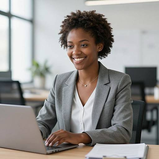 Photograph of smiling African-American woman with short curly hair, wearing gray blazer and white blouse, working on laptop in bright office.