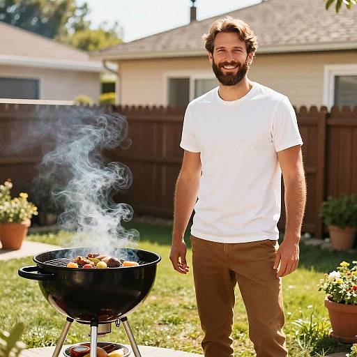 Photograph of a smiling bearded man with brown hair in a white t-shirt and brown pants, standing by a smoking grill in a sunny backyard with