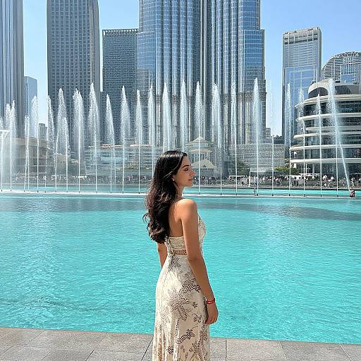 Photograph of a woman in a white floral dress standing before a large, turquoise fountain with tall, white water jets, surrounded by modern skyscrapers