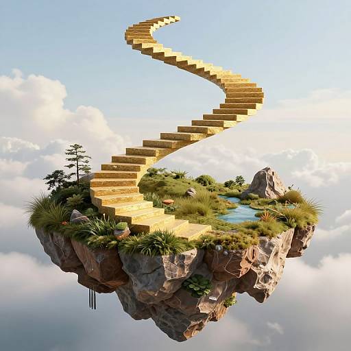 CGI image of a floating rocky island with golden spiral staircase, lush greenery, small pond, and tall trees against a cloudy sky.