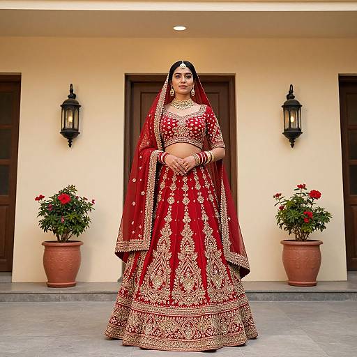 Photograph of a South Asian woman in a red and gold traditional lehenga, standing in front of a cream-colored wall with potted plants and black