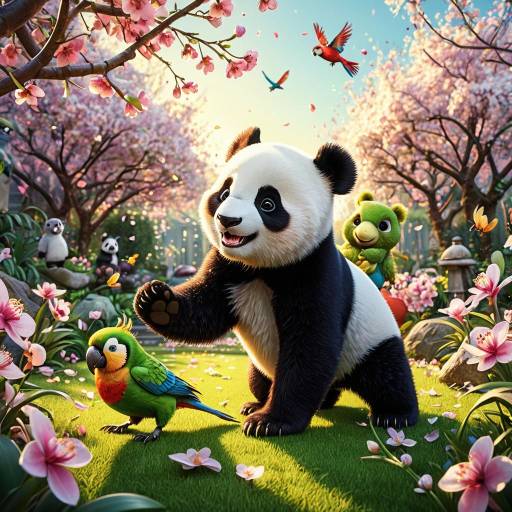 Playful Panda and Parrot in Blooming Garden