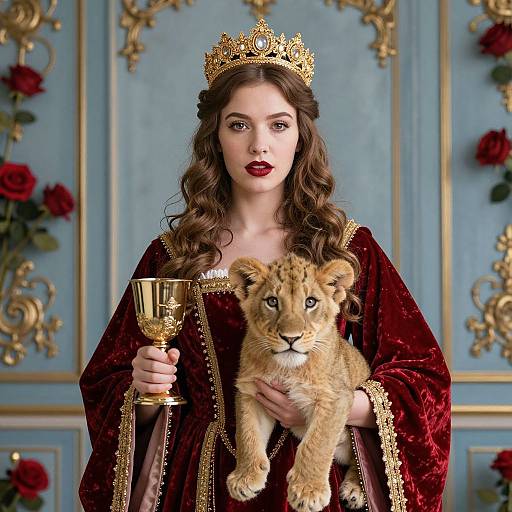 Photograph of a fair-skinned woman with wavy brown hair, wearing a gold crown, red velvet robe, holding a chalice and lion cub