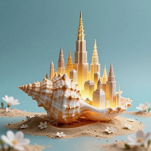 Digital artwork of a giant seashell housing a golden, futuristic cityscape with multiple spires, set against a blue sky with white flowers on sandy
