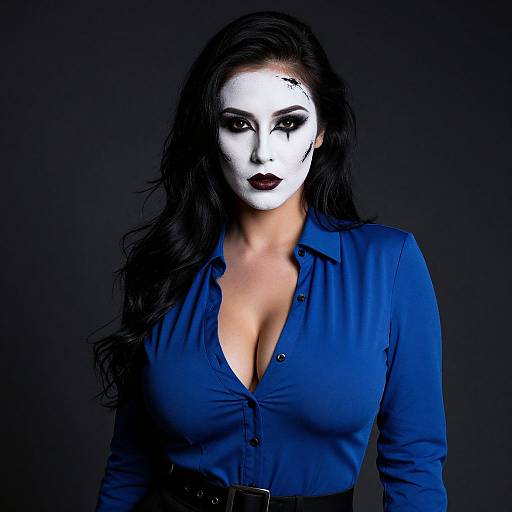 Photograph of a woman with white face paint, black lipstick, long black hair, and blue button-up shirt, against a dark background.