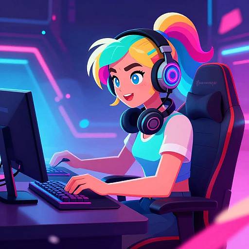 Colorful anime-style digital illustration of a girl with multicolored hair, wearing headphones and a white shirt, typing on a computer in a neon-l