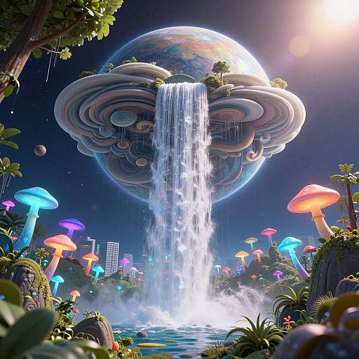 Digital artwork of a surreal, futuristic waterfall cascading from a floating, cloud-like city with lush greenery and colorful glowing mushrooms under a luminous,