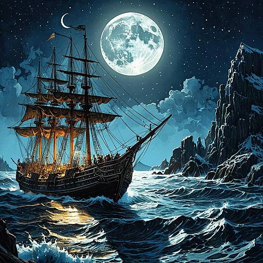 Ancient Ship Under Full Moon Near Rocky Coast