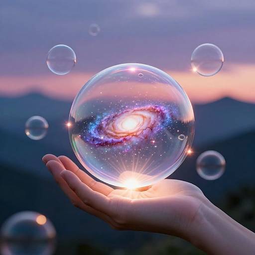 Photograph of a hand holding a glowing, space-themed bubble with galaxy inside, surrounded by smaller bubbles, against a twilight mountain backdrop.