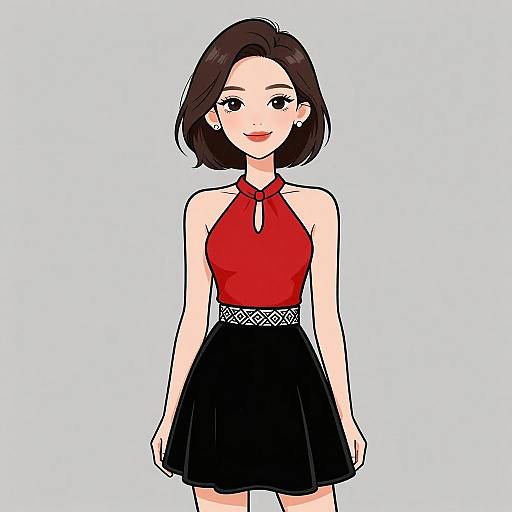 Digital anime-style drawing of a cute, smiling young woman with short black hair, wearing a red halter top and black skirt.
