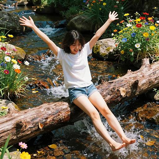 Joyful Woman Sitting on Log Over Mountain Stream