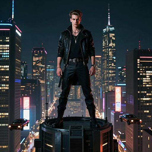 Cyberpunk Leader on Neon Skyline