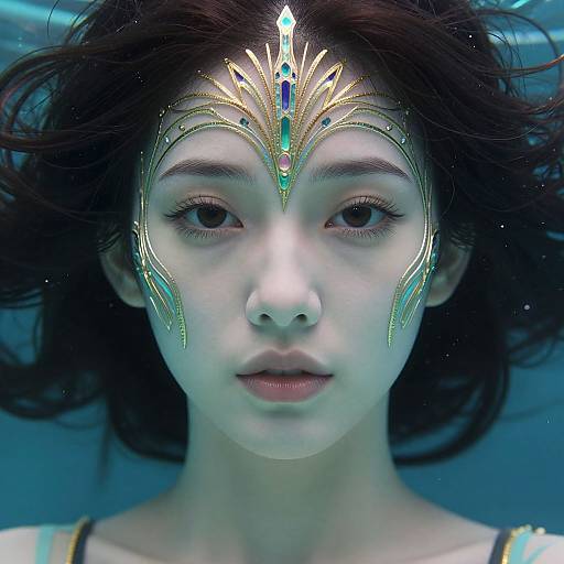 Photorealistic digital portrait of an Asian woman with fair skin, dark wavy hair, and a glowing, ornate green and blue facial mask.