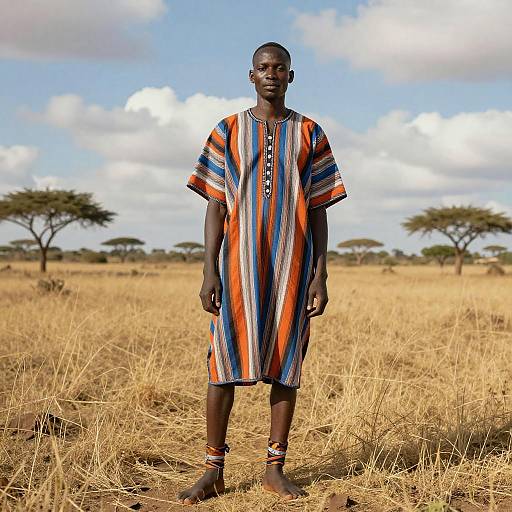 Photograph of a tall, dark-skinned African man in a colorful, striped traditional dress, standing barefoot in a dry savanna with acacia