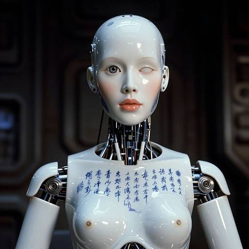 Photorealistic CGI of a silver robotic woman with human-like features, white glossy skin, blue Chinese calligraphy on chest, black metallic neck, and