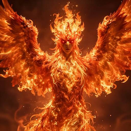 Digital artwork of a fiery phoenix-like creature with blazing orange and red flames enveloping its body, wings spread wide, fierce expression, dark background.