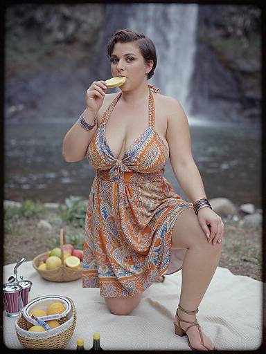 Photograph of a curvy woman with short brown hair, wearing a patterned orange dress, kneeling on a picnic blanket, eating a popsicle,