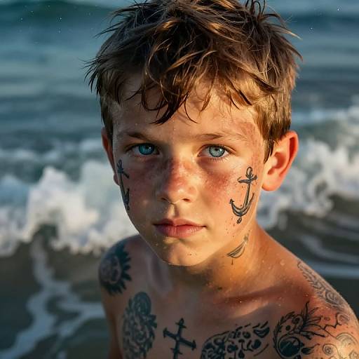 Photograph of a young boy with short, wet brown hair and blue eyes, standing in the ocean. He has numerous black tattoos on his face and