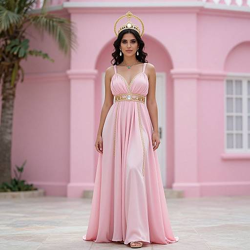 Photograph of a woman with long dark hair, wearing a pink, gold-embellished gown and gold crown, standing in front of a pink