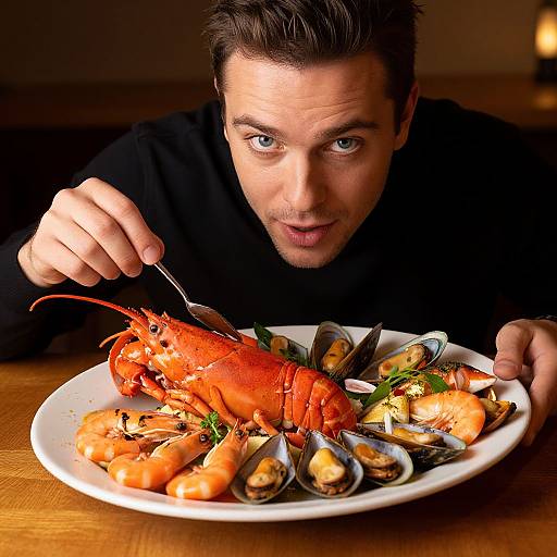 Photograph of a man with short dark hair, wearing a black shirt, eagerly looking at a plate of cooked lobster, shrimp, and mussels garn