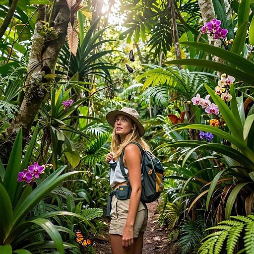 Photograph of a blonde woman in a safari hat and denim backpack, surrounded by lush, sunlit tropical foliage with vibrant purple orchids.