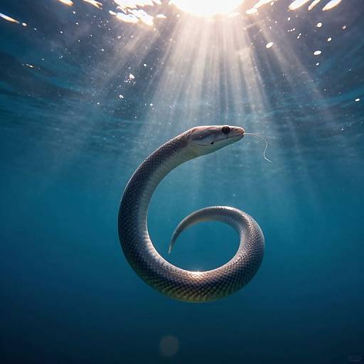 Photograph of a coiled snake with a forked tongue, floating underwater in bright sunlight, surrounded by clear blue water.
