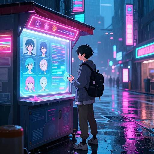 Anime-style digital artwork of a young man with black hair and a backpack, standing in a neon-lit, rainy urban street, interacting with a glowing