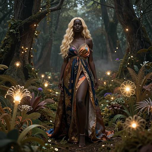 Photograph-like digital artwork of a dark-skinned, blonde-haired woman in an ornate, flowing gown standing in a enchanted forest, surrounded by glowing