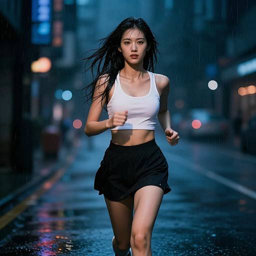 Photograph of an Asian woman with wet black hair, wearing a white crop top and black shorts, running on a rainy urban street at night, with