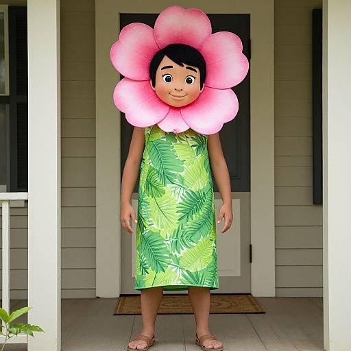 Photograph of a woman with tan skin, black hair, wearing a green floral dress, pink flower headpiece, brown sandals, standing on a porch