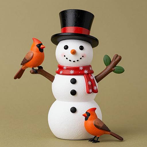 Photograph of a white snowman with black buttons, a red scarf, black top hat, and two orange birds perched on branches.