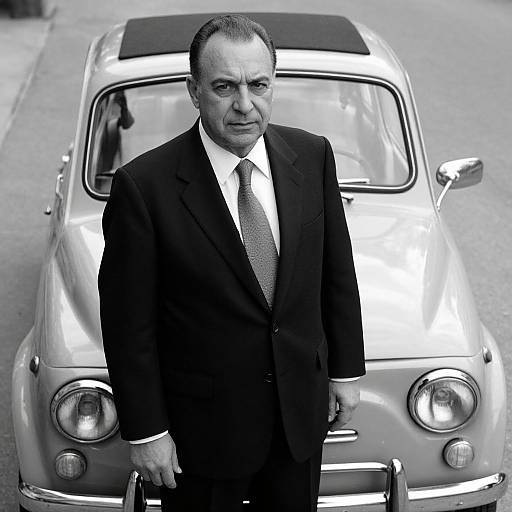 Black-and-white photograph of an older man in a dark suit and tie, standing in front of a classic car on a street.