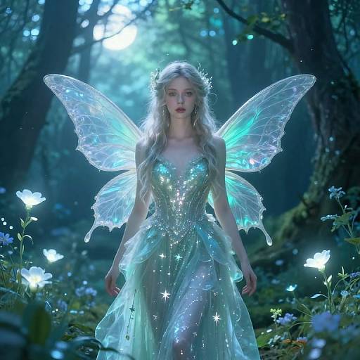 Digital fantasy artwork of a fair-skinned, blonde fairy with glowing, translucent wings in a moonlit forest, wearing a shimmering, star-adorn