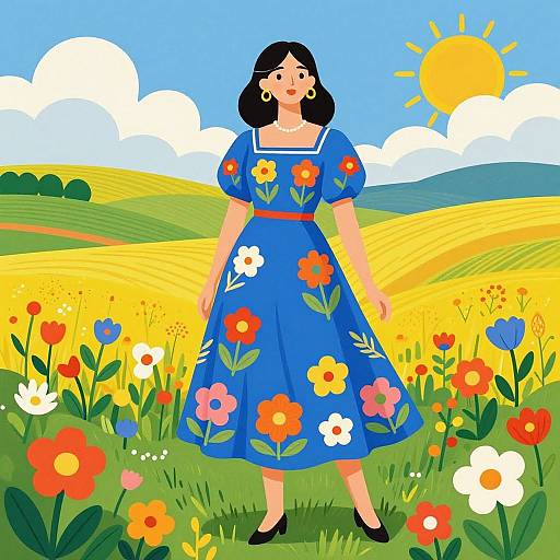 Bright illustration of a woman with black hair in a blue floral dress, standing in a vibrant field of yellow flowers and colorful blooms under a sunny sky.