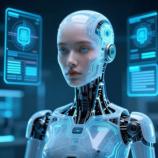 CGI image of a futuristic, glowing blue humanoid robot with a fair-skinned, serene face, set against a high-tech, neon-lit background