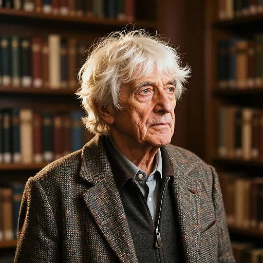 Elderly Man with Wispy Fringe in Library