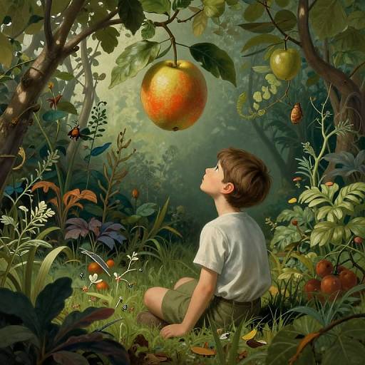 Surreal Garden Scene with Floating Fruit