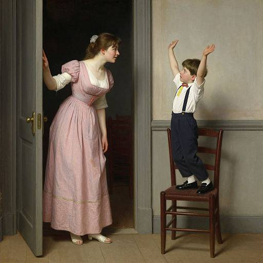 Photograph of a Victorian-style scene: a woman in a pink dress entering a room, a boy in a white shirt and suspenders standing on a
