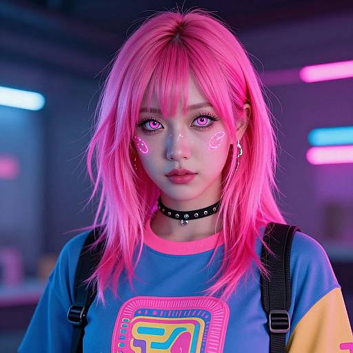 Neon Pink Hair Futuristic Streetwear