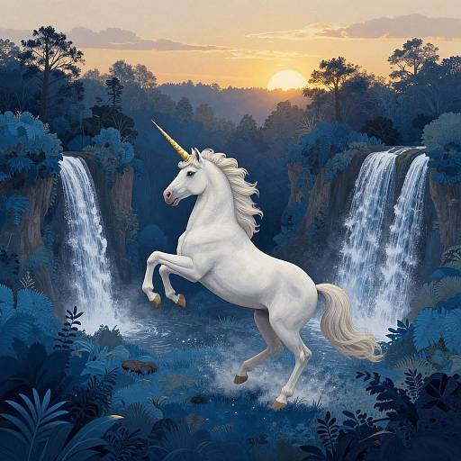 Digital painting of a white unicorn rearing on its hind legs in a lush, blue-toned forest with twin waterfalls at sunset.
